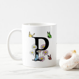 アルファベットPの花と蝶のモノグラムイニシャル コーヒーマグカップ