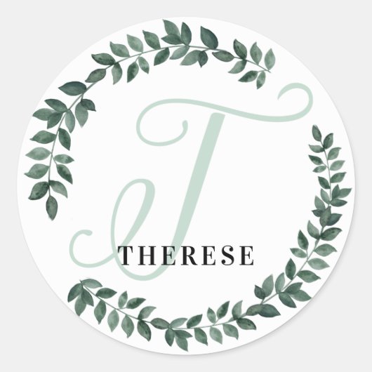 アルファベットTのモノグラム オーダーメイド 名前 ミニマル ボタニカル ラウンドシール (正面)
