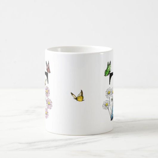 アルファベットTの花と蝶のモノグラムイニシャル コーヒーマグカップ (中央)