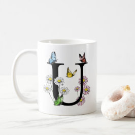アルファベットUの花と蝶のモノグラムイニシャル コーヒーマグカップ