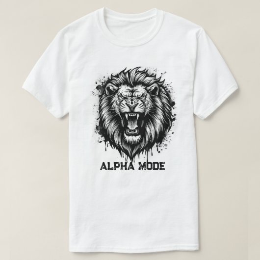 アルファモードの咆哮するライオンの頭 黒と白 Tシャツ (デザイン正面)