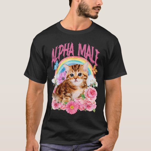 アルファ男性 おもしろ猫 子猫 虹 フローラル Tシャツ (正面)