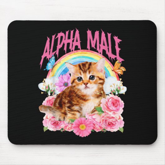 アルファ男性 面白い猫 子猫 レインボー 花柄 マウスパッド (正面)