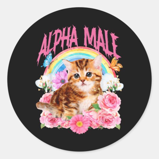 アルファ男性 面白い猫 子猫 レインボー 花柄 ラウンドシール (正面)