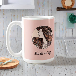 アルフォンスミュシャアールヌーボーウィメンズフラワーピンク コーヒーマグカップ