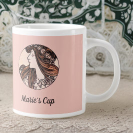 アルフォンスミュシャアールヌーボーピンクの花を持つ女性 ジャンボコーヒーマグカップ