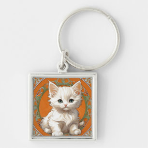 アルフォンスミュシャアールヌーボーホワイトキッテン キーホルダー