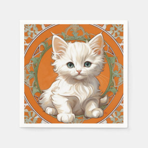 アルフォンスミュシャアールヌーボーホワイトキッテン スタンダードカクテルナプキン