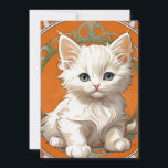 アルフォンスミュシャアールヌーボーホワイトキッテン セーブザデート<br><div class="desc">アルフォンスミュシャアールヌーボースタイルで白い子猫を登場！鋭い青い目を持つ美しい子猫が見る人を見詰める。オレンジ色の幾何学的な円と葉緑の輪と白い格子が子猫を囲む。猫好きやアールヌーボーのコレクターへの贈り物！</div>