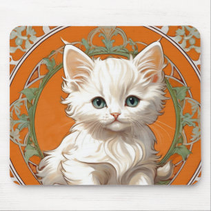 アルフォンスミュシャアールヌーボーホワイトキッテン マウスパッド