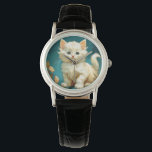 アルフォンスミュシャアールヌーボーホワイトキャット 腕時計<br><div class="desc">アルフォンスミュシャアールヌーボースタイルで白猫を登場!青い背景を背景に、ふわふわの白い猫が目を見開く。猫好き素晴らしやアールヌーボーのコレクターへの贈り物!</div>