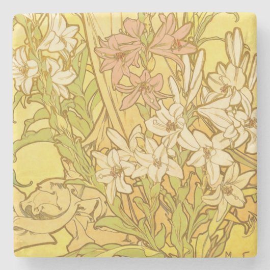 アルフォンスミュシャアールヌーボーユリ花 ストーンコースター (正面)