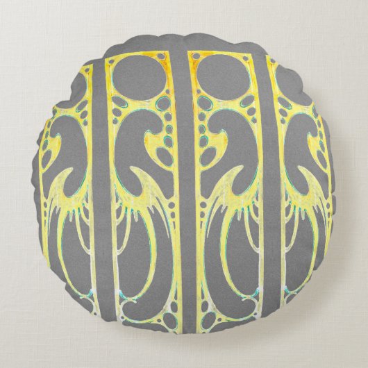 アルフォンスミュシャアールヌーボー抽象芸術アートグレー ラウンドクッション (正面)