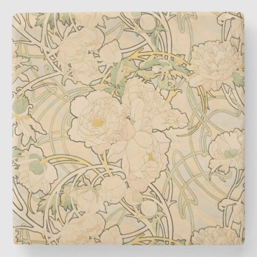 アルフォンスミュシャアールヌーボー牡丹植物芸術 ストーンコースター (正面)