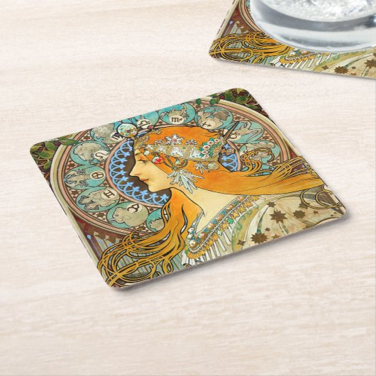 アルフォンスミュシャアールヌーボー〔占星術の〕十二宮図 スクエアペーパーコースター (アングル)