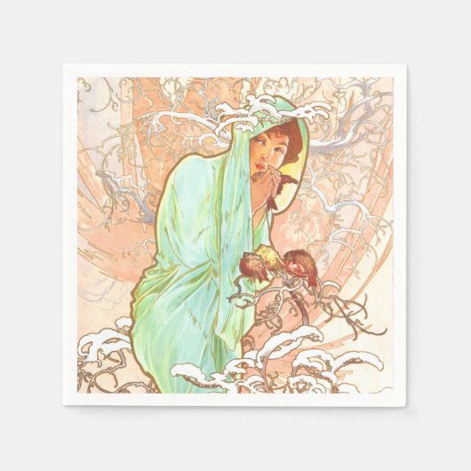 アルフォンスミュシャウィンターヴィンテージアールヌーボー絵画ズ スタンダードカクテルナプキン (正面)