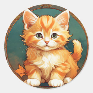 アルフォンスミュシャスタイルオレンジキャット ラウンドシール