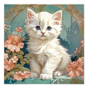 アルフォンスミュシャスタイルホワイトキャット フォトプリント