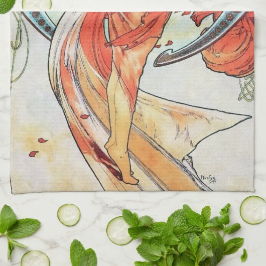 アルフォンスミュシャダンスヴィンテージアールヌーボー絵画ズ キッチンタオル (折り畳み)