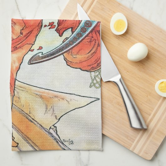 アルフォンスミュシャダンスヴィンテージアールヌーボー絵画ズ キッチンタオル (四つ折り)