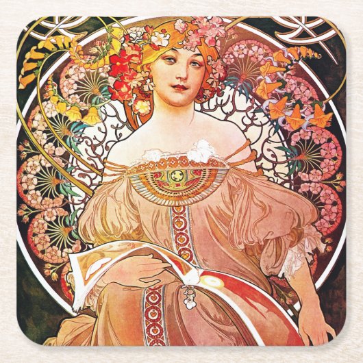 アルフォンスミュシャデイドリームフローラヴィンテージアールヌーボー スクエアペーパーコースター (正面)