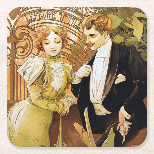 アルフォンスミュシャフリートヴィンテージロマンチックアールヌーボー スクエアペーパーコースター (正面)