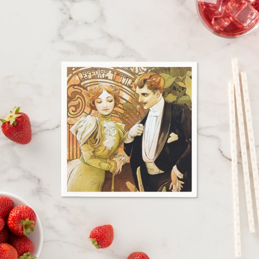 アルフォンスミュシャフリートヴィンテージロマンチックアールヌーボー スタンダードカクテルナプキン (インサイチュ)