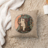 アルフォンスミュシャヴィンテージグリーンヘアドレ付き女性 クッション (ブランケット)