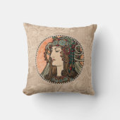 アルフォンスミュシャヴィンテージグリーンヘアドレ付き女性 クッション (正面)