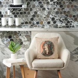 アルフォンスミュシャヴィンテージグリーンヘアドレ付き女性 クッション