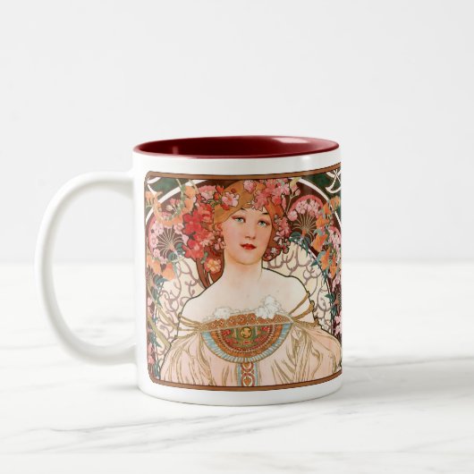 アルフォンスミュシャ新しいレディーコーヒーマグインピンクス ツートーンマグカップ (左)