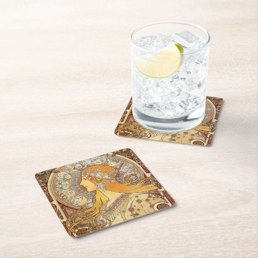 アルフォンスミュシャ〔占星術の〕十二宮図アールヌーボーウーマン スクエアペーパーコースター (インサイチュ)