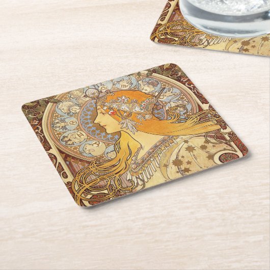 アルフォンスミュシャ〔占星術の〕十二宮図アールヌーボーウーマン スクエアペーパーコースター (アングル)