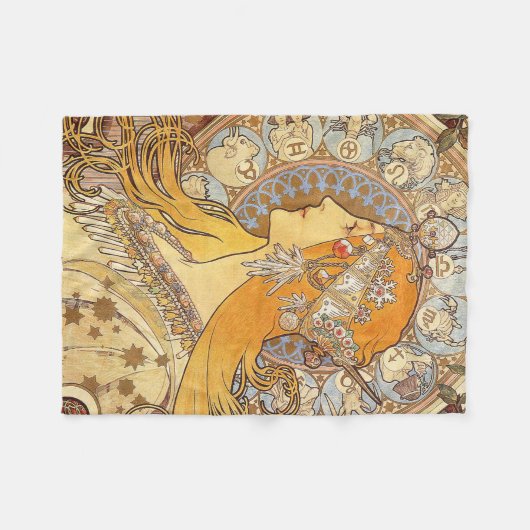 アルフォンスミュシャ〔占星術の〕十二宮図アールヌーボーウーマン フリースブランケット (正面(横))