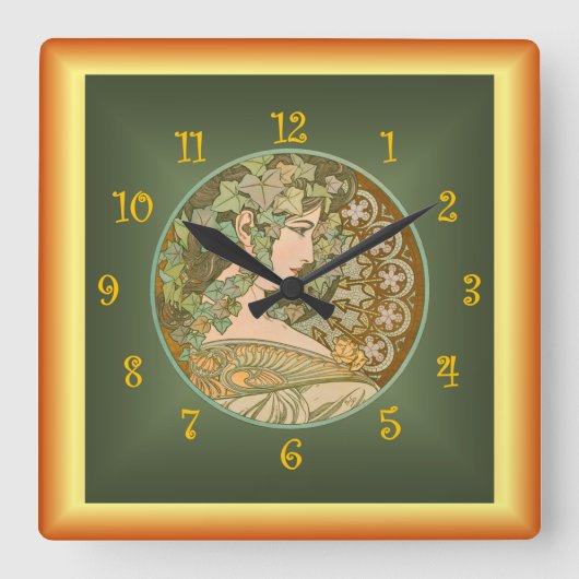 アルフォンスミュシャ~ Le Lierre 01 to Ivy to アールヌーボー スクエア壁時計 (正面)