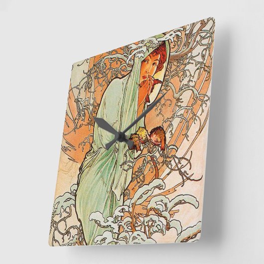 アルフォンス島のミュシャによるヴィンテージの冬 スクエア壁時計 (傾斜)