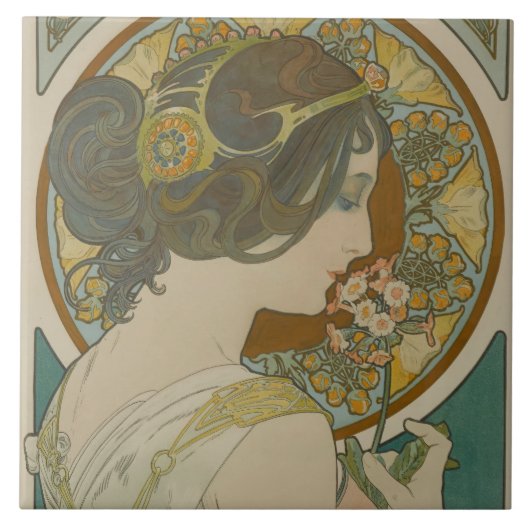 アルフォンス・ミュシャによるサクラソウ (1899) タイル (正面)