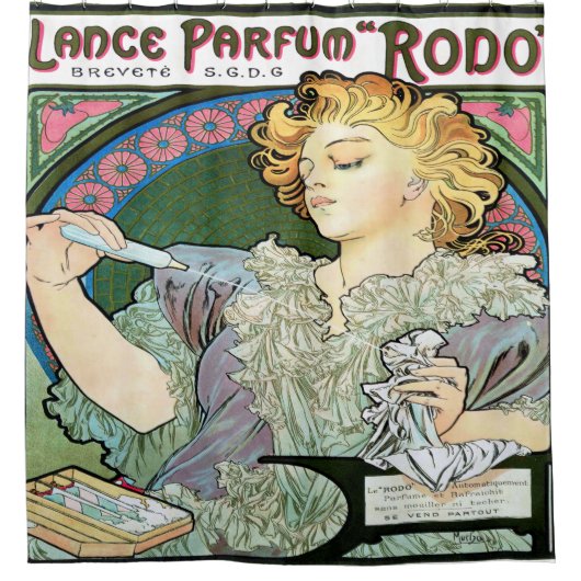 アルフォンス・ミュシャの1896年の槍Parfum Rodo シャワーカーテン (正面)