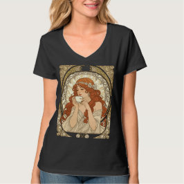 アルフォンス・ミュシャ風アール・ヌーヴォーのコーヒー愛好家 Tシャツ