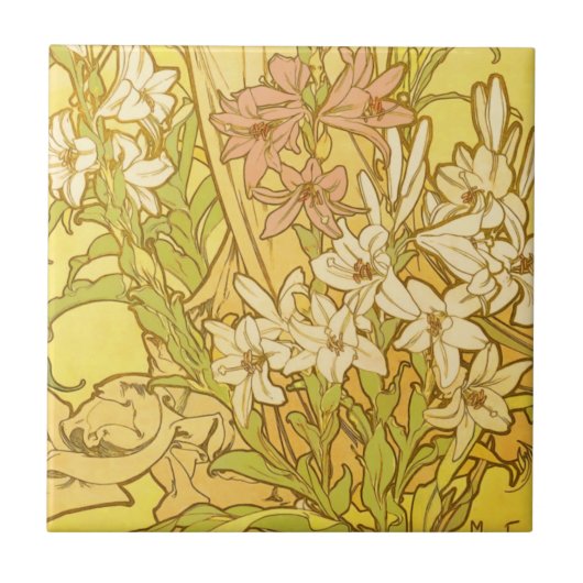 アルフォンス・ミュシャ 百合の花 パターン: アール・ヌーヴォー タイル (正面)