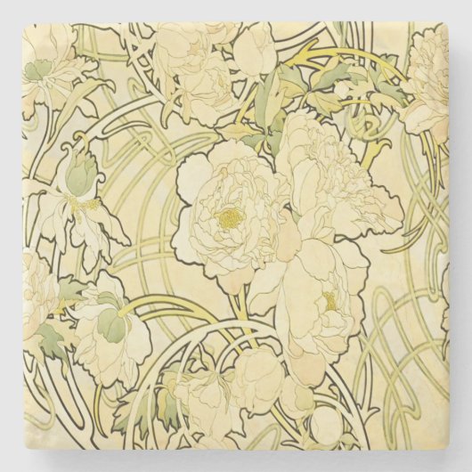 アルフォンス・ミュシャ 芍薬 アール・ヌーヴォー フローラル柄 ストーンコースター (正面)