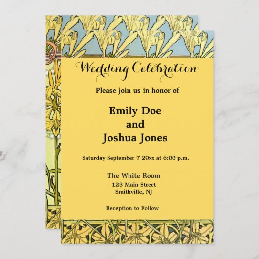 アルフォンセミュシャアールヌーボーリリリフローラルパターン 招待状 (正面/裏面)