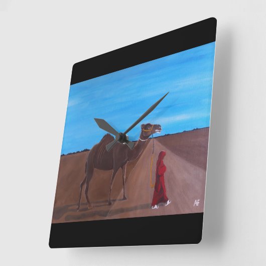 アルフレッド・フォックスによるラクダと少女の絵画 スクエア壁時計 (傾斜)