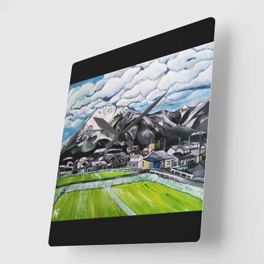 アルフレッド・フォックスによる富士山の絵画 スクエア壁時計 (傾斜)