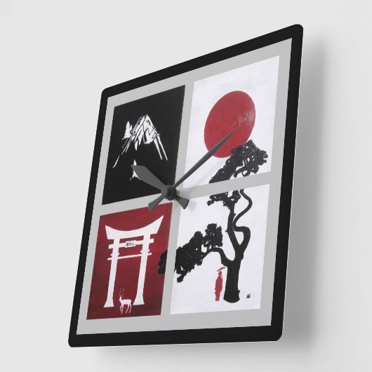 アルフレッド・フォックスによる日本精神の絵 スクエア壁時計 (傾斜)