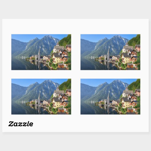 アルプスとオーストリアのハルスタットの教会と村 長方形シール (シート)