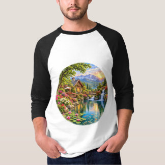 アルプスのコテージ ガーデン 山 湖 朝日 Tシャツ