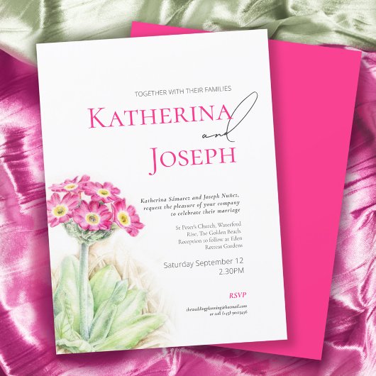 アルプスのプリムローズ 水彩 ピンク 縦 ウェディング 招待状