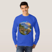 アルプスの山の湖の木の橋 日の出 Tシャツ (正面フル)