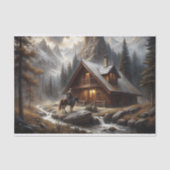 アルプスの山小屋の馬上の人物の雪景色のデコパージュ 薄葉紙 (正面)